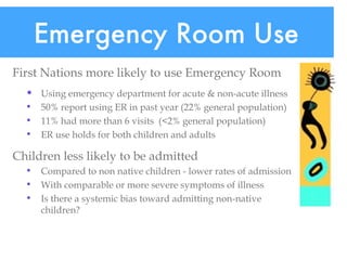 Emergency Room Use First Nations more likely to use Emergency Room  Using emergency department for acute & non-acute illness  50% report using ER in past year (22% general population)  11% had more than 6 visits  (<2% general population) ER use holds for both children and adults   Children less likely to be admitted  Compared to non native children - lower rates of admission With comparable or more severe symptoms of illness  Is there a systemic bias toward admitting non-native children?   