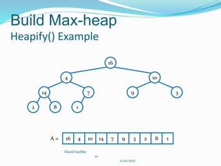 Build Max-heap
Heapify() Example
David Luebke
10
11/20/2017
16
4 10
14 7 9 3
2 8 1
16 4 10 14 7 9 3 2 8 1A =
 