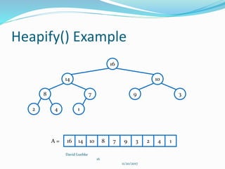 Heapify() Example
David Luebke
16
11/20/2017
16
14 10
8 7 9 3
2 4 1
16 14 10 8 7 9 3 2 4 1A =
 