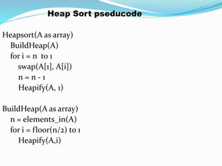 Heap Sort pseducode
Heapsort(A as array)
BuildHeap(A)
for i = n to 1
swap(A[1], A[i])
n = n - 1
Heapify(A, 1)
BuildHeap(A as array)
n = elements_in(A)
for i = floor(n/2) to 1
Heapify(A,i)
 