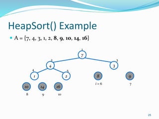 HeapSort() Example
 A = {7, 4, 3, 1, 2, 8, 9, 10, 14, 16}
25
7
4 3
1 2 8 9
10 14 16
1
2 3
4 5
7
8 9 10
i = 6
 