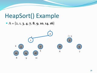 HeapSort() Example
 A = {2, 1, 3, 4, 7, 8, 9, 10, 14, 16}
28
2
1 3
4 7 8 9
10 14 16
1
2
4
5 6 7
8 9 10
i = 3
 