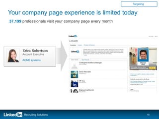Targeting


Your company page experience is limited today
37,199 professionals visit your company page every month




       Erica Robertson
       Account Executive

       ACME systems




        Recruiting Solutions                                           15
 