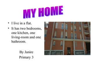 • I live in a flat.
• It has two bedrooms,
one kitchen, one
living-room and one
bathroom.
By Janire
Primary 3

 