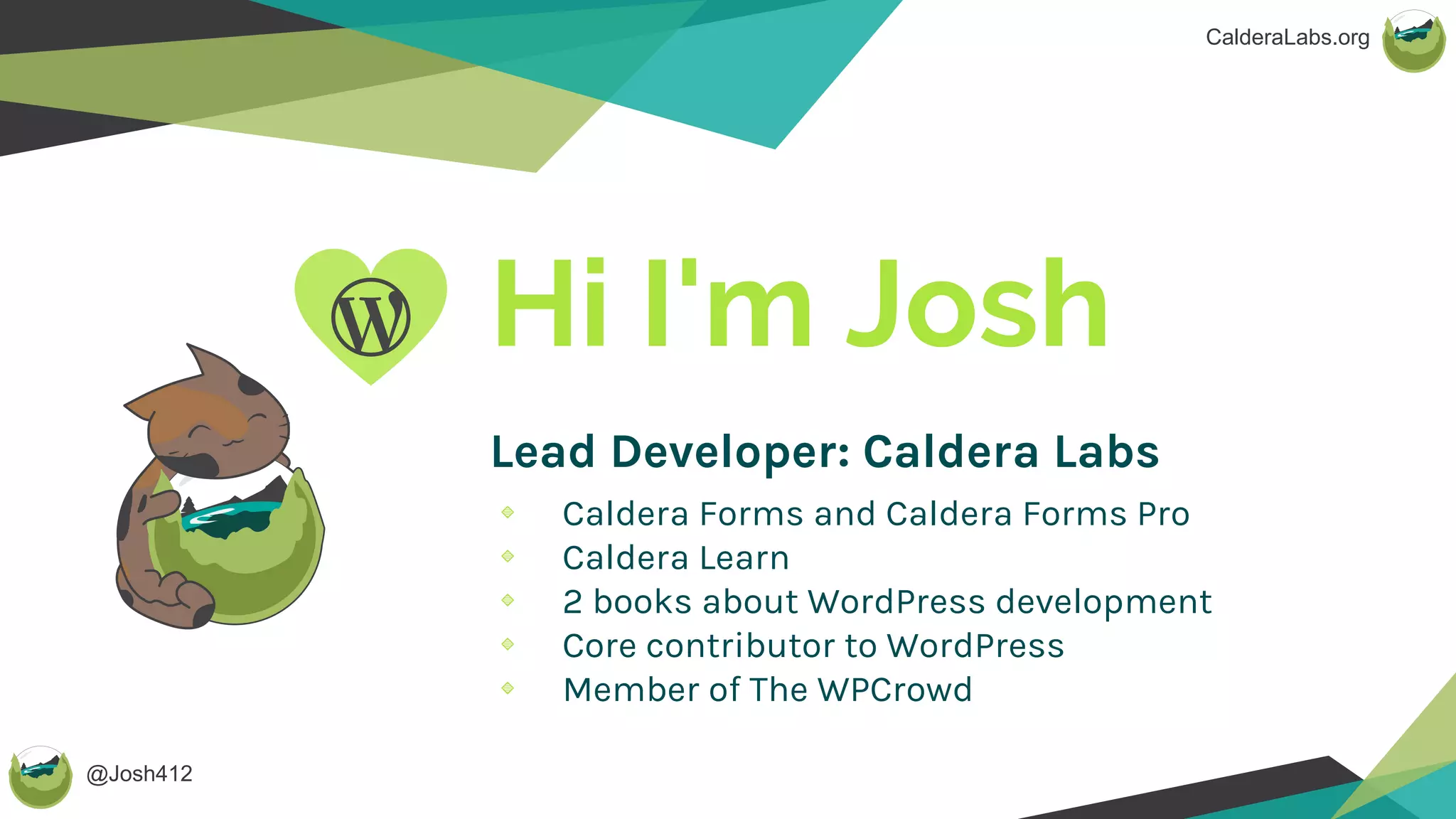 @Josh412
CalderaLabs.org
Hi I'm Josh
Lead Developer: Caldera Labs
Caldera Forms and Caldera Forms Pro
Caldera Learn
2 books about WordPress development
Core contributor to WordPress
Member of The WPCrowd
 
