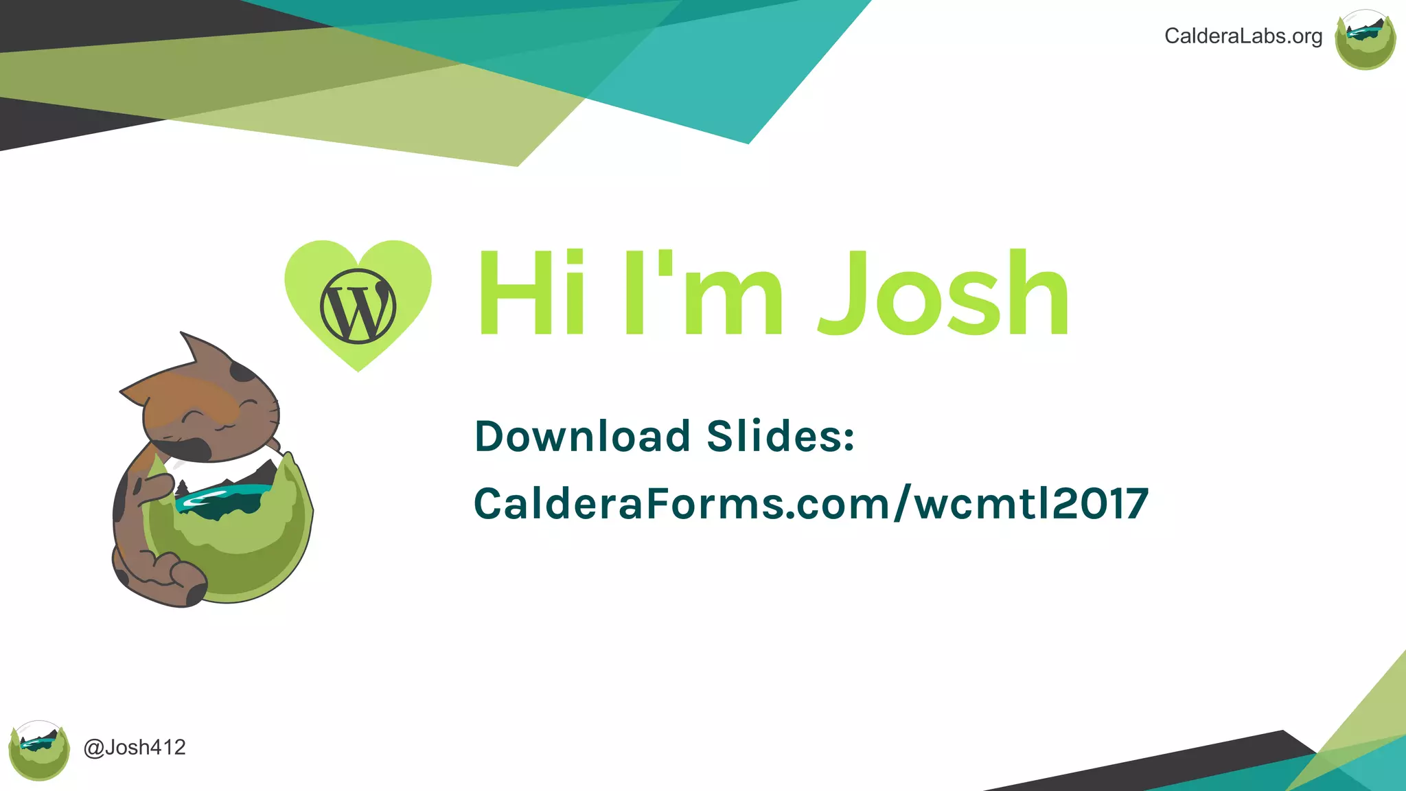 @Josh412
CalderaLabs.org
Hi I'm Josh
Download Slides:
CalderaForms.com/wcmtl2017
 