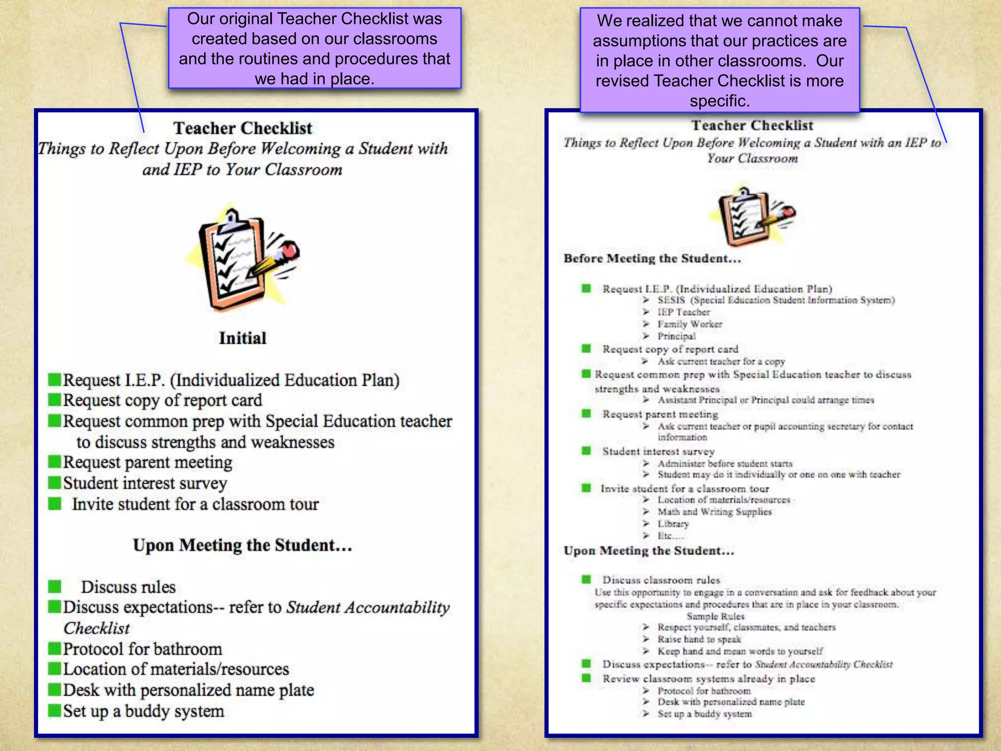 We realized that we cannot make assumptions that our practices are in place in other classrooms.  Our revised Teacher Checklist is more specific.Our original Teacher Checklist was created based on our classrooms and the routines and procedures that we had in place.  
