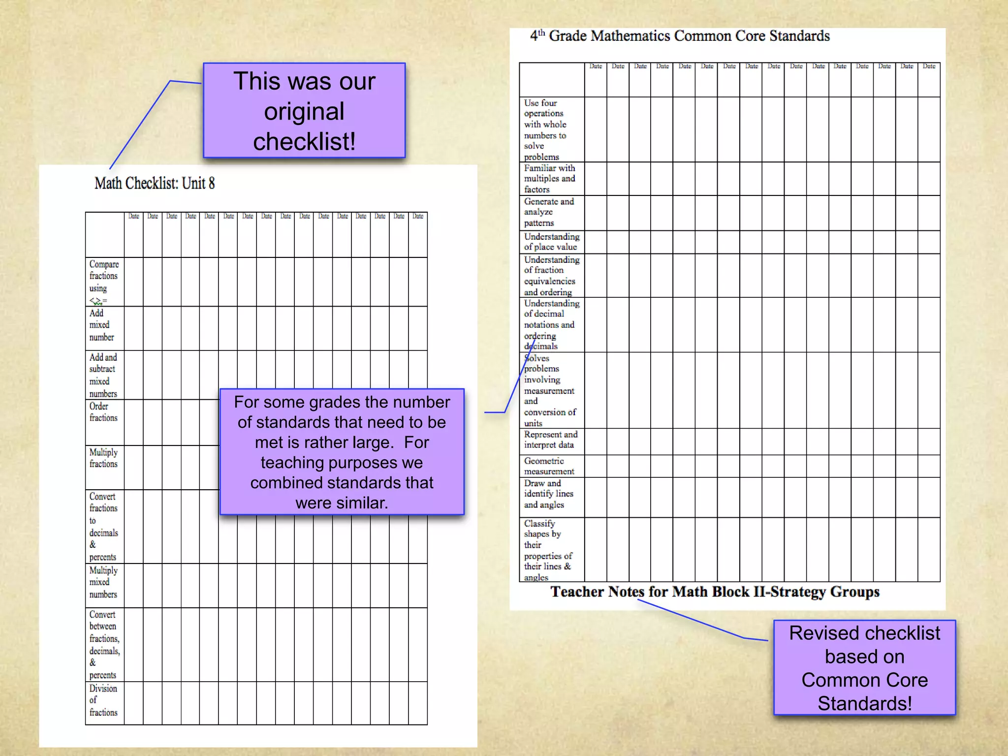 This was our original checklist!For some grades the number of standards that need to be met is rather large.  For teaching purposes we combined standards that were similar.Revised checklist based on Common Core Standards!