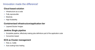 Innovation made the difference!
Cloud based solution
Infrastructure as a code
Fully reproducible
Elasticity
High Availability
Containerized infrastructure/application tier
Layered Docker Images
Jenkins Single pipeline
Scriptable pipeline, effectively making jobs definitions part of the application code
Convention based
ECS as Cluster management
Pets vs. Cattle
Auto scaling/ Auto healing
 