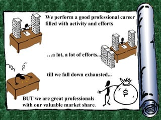 We perform a good professional career
filled with activity and efforts

…a lot, a lot of efforts...

till we fall down exhausted...

BUT we are great professionals
with our valuable market share.

 