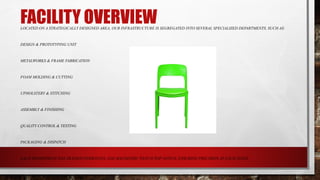 LOCATED ON A STRATEGICALLY DESIGNED AREA, OUR INFRASTRUCTURE IS SEGREGATED INTO SEVERAL SPECIALIZED DEPARTMENTS, SUCH AS:
DESIGN & PROTOTYPING UNIT
METALWORKS & FRAME FABRICATION
FOAM MOLDING & CUTTING
UPHOLSTERY & STITCHING
ASSEMBLY & FINISHING
QUALITY CONTROL & TESTING
PACKAGING & DISPATCH
EACH DEPARTMENT HAS TRAINED PERSONNEL AND MACHINERY THAT IS TOP-NOTCH, ENSURING PRECISION AT EACH STAGE.
FACILITY OVERVIEW
 