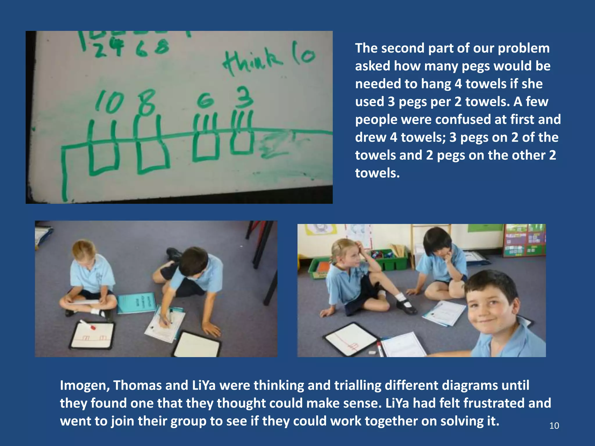 The second part of our problem
asked how many pegs would be
needed to hang 4 towels if she
used 3 pegs per 2 towels. A few
people were confused at first and
drew 4 towels; 3 pegs on 2 of the
towels and 2 pegs on the other 2
towels.
Imogen, Thomas and LiYa were thinking and trialling different diagrams until
they found one that they thought could make sense. LiYa had felt frustrated and
went to join their group to see if they could work together on solving it. 10
 