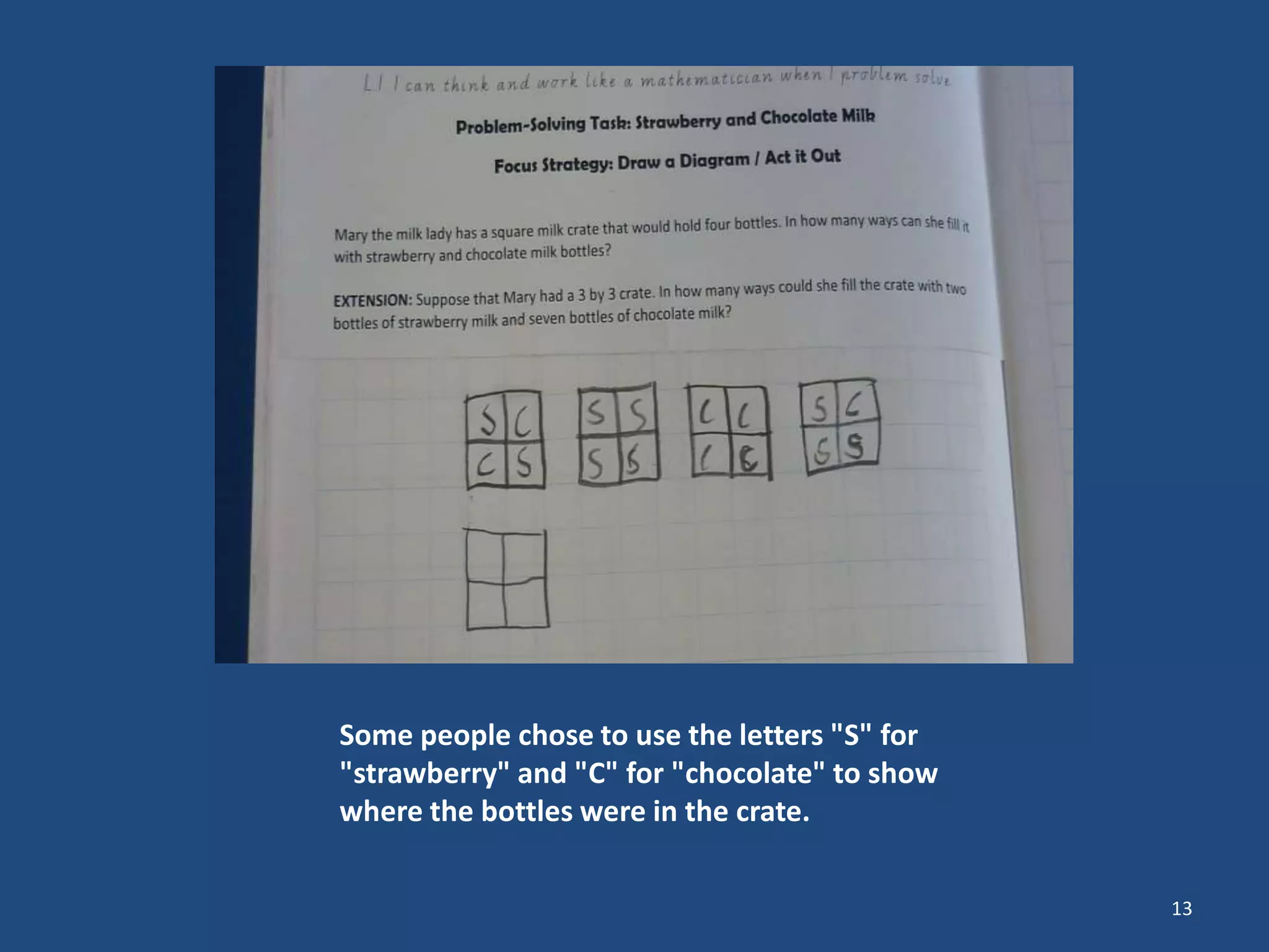 13
Some people chose to use the letters "S" for
"strawberry" and "C" for "chocolate" to show
where the bottles were in the crate.
 