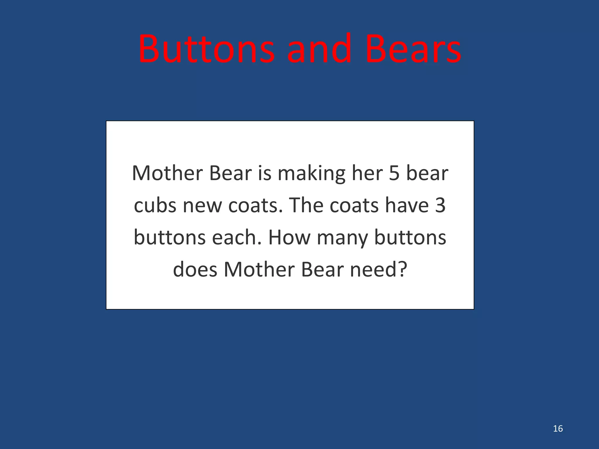 16
Buttons and Bears
Mother Bear is making her 5 bear
cubs new coats. The coats have 3
buttons each. How many buttons
does Mother Bear need?
 