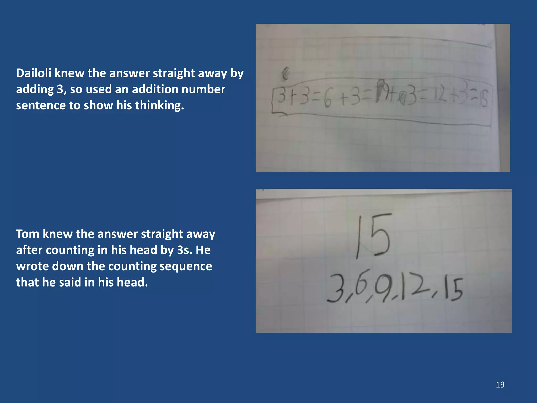 19
Dailoli knew the answer straight away by
adding 3, so used an addition number
sentence to show his thinking.
Tom knew the answer straight away
after counting in his head by 3s. He
wrote down the counting sequence
that he said in his head.
 