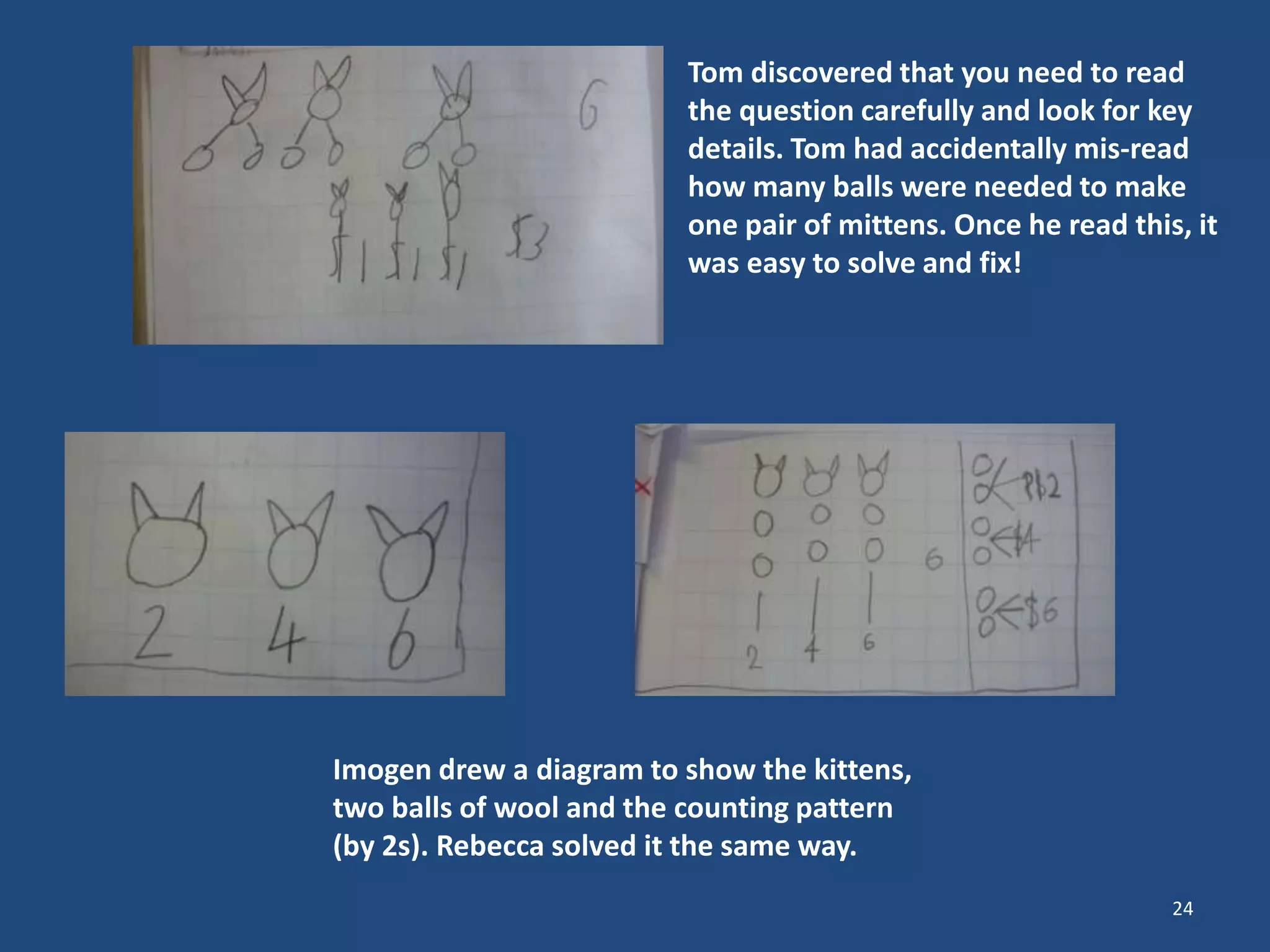 24
Tom discovered that you need to read
the question carefully and look for key
details. Tom had accidentally mis-read
how many balls were needed to make
one pair of mittens. Once he read this, it
was easy to solve and fix!
Imogen drew a diagram to show the kittens,
two balls of wool and the counting pattern
(by 2s). Rebecca solved it the same way.
 