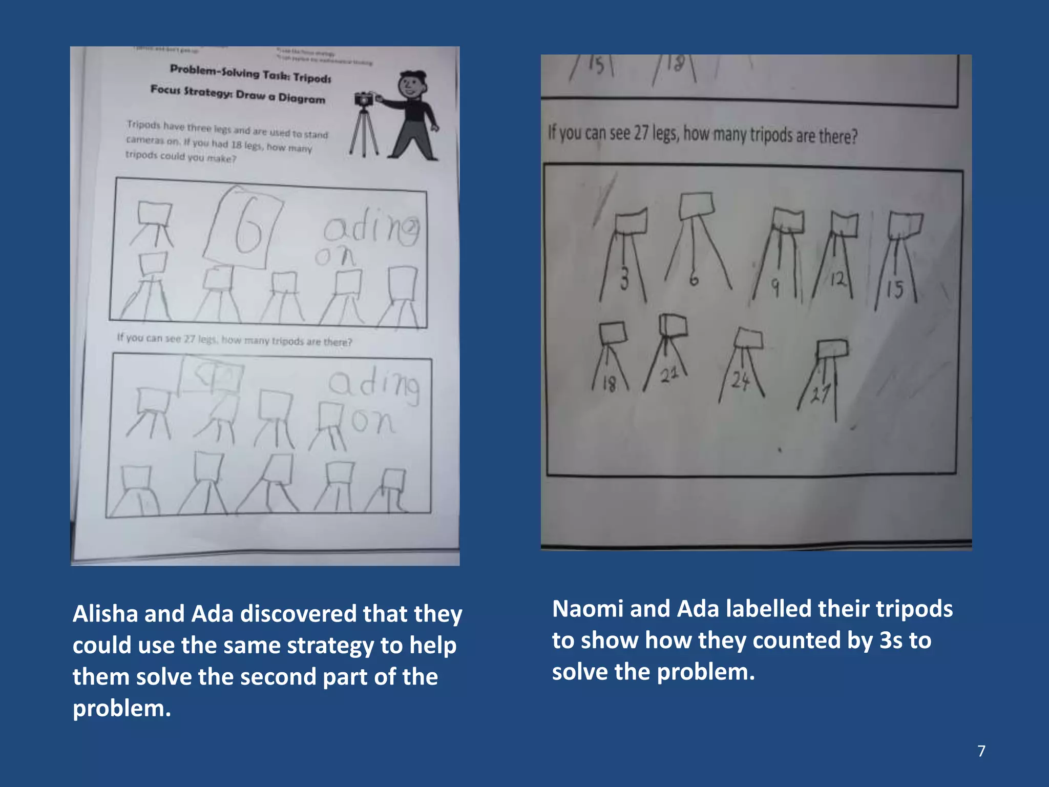 Alisha and Ada discovered that they
could use the same strategy to help
them solve the second part of the
problem.
Naomi and Ada labelled their tripods
to show how they counted by 3s to
solve the problem.
7
 