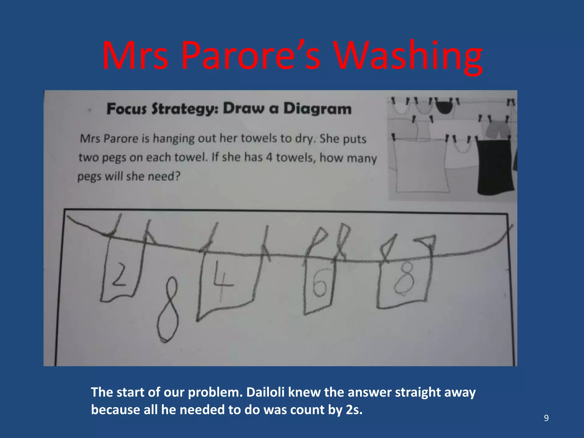 Mrs Parore’s Washing
The start of our problem. Dailoli knew the answer straight away
because all he needed to do was count by 2s. 9
 