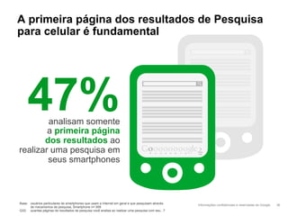 A primeira página dos resultados de Pesquisa
para celular é fundamental




     47%analisam somente
        a primeira página
       dos resultados ao
realizar uma pesquisa em                                                              1   2   3    4   5   6   7   8
                                                                                                                       Próxi
                                                                                                                        ma


        seus smartphones



Base: usuários particulares de smartphones que usam a Internet em geral e que pesquisam através
                                                                                                                       Informações confidenciais e reservadas do Google   36
      de mecanismos de pesquisa, Smartphone n= 958
Q32: quantas páginas de resultados de pesquisa você analisa ao realizar uma pesquisa com seu...?
 