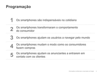Programação


 1   Os smartphones são indispensáveis no cotidiano

     Os smartphones transformaram o comportamento
 2   do consumidor

 3   Os smartphones ajudam os usuários a navegar pelo mundo

     Os smartphones mudam o modo como os consumidores
 4   fazem compras
     Os smartphones ajudam os anunciantes a entrarem em
 5   contato com os clientes




                                             Informações confidenciais e reservadas do Google   4
 