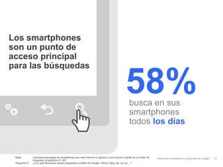 Los smartphones
son un punto de
acceso principal
para las búsquedas

                                                                                                 58%busca en sus
                                                                                                    smartphones
                                                                                                    todos los días


 Base:          Usuarios particulares de smartphones que usan Internet en general y que buscan a través de un motor de   Información confidencial y propiedad de Google   14
                búsqueda, smartphone n= 961
 Pregunta 31:   ¿Con qué frecuencia realiza búsquedas (a través de Google, Yahoo!, Bing, etc.) en su... ?
 