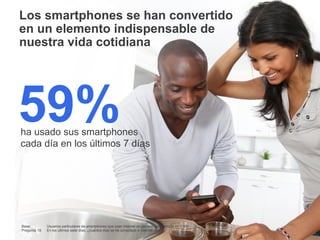 Los smartphones se han convertido
en un elemento indispensable de
nuestra vida cotidiana




59%
ha usado sus smartphones
cada día en los últimos 7 días




Base:          Usuarios particulares de smartphones que usan Internet en general, smartphone n= 1.000.   Información confidencial y propiedad de Google   7
Pregunta 18:   En los últimos siete días, ¿cuántos días se ha conectado a Internet con...?
 
