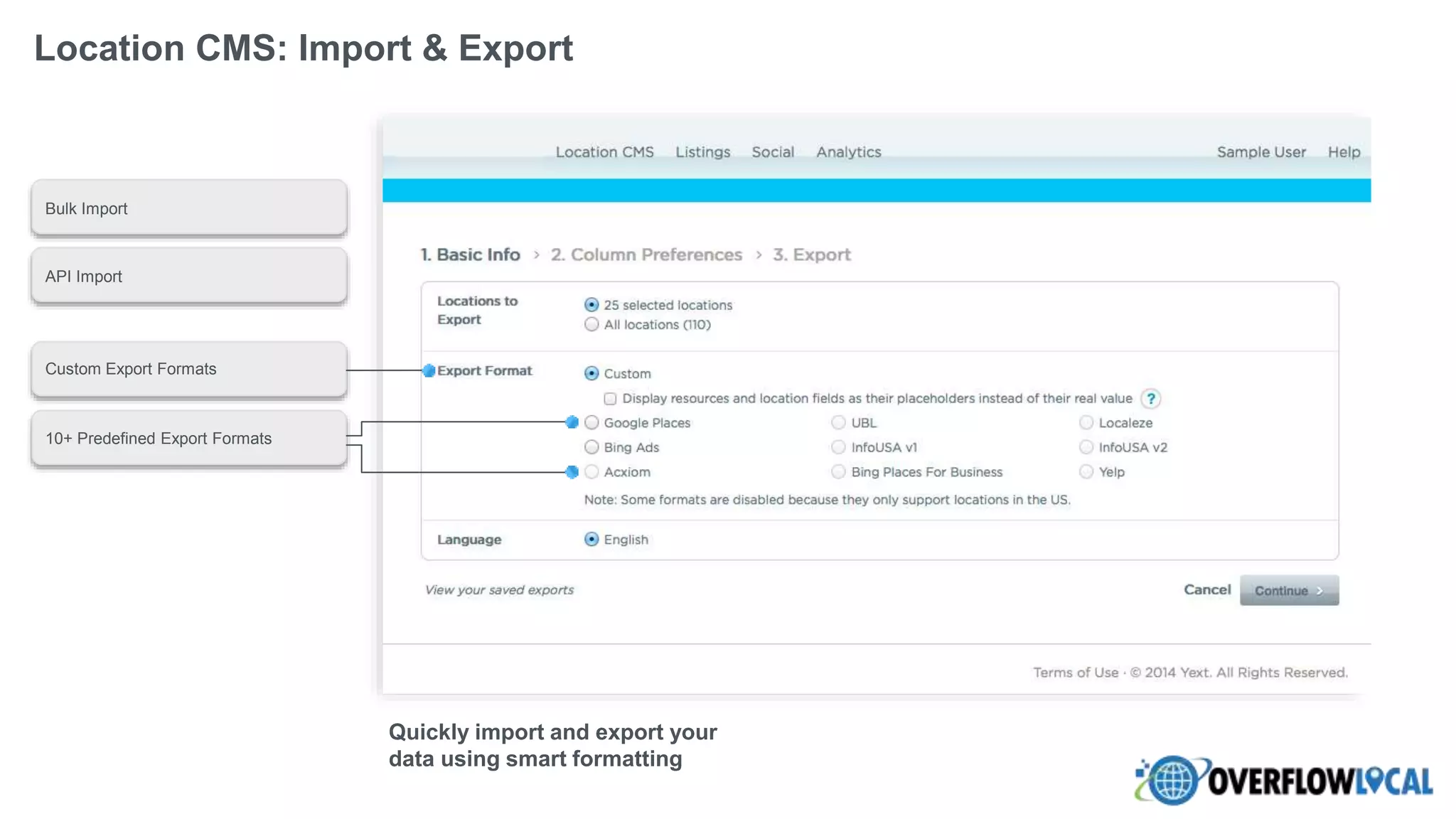 10+ Predefined Export Formats
Custom Export Formats
API Import
Bulk Import
Quickly import and export your
data using smart formatting
Location CMS: Import & Export
 