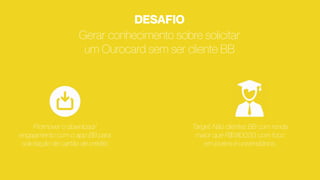 Gerar conhecimento sobre solicitar
um Ourocard sem ser cliente BB
Promover o download/
engajamento com o app BB para
solicitação de cartão de crédito
Target: Não clientes BB com renda
maior que R$1.800,00, com foco
em jovens e universitários.
DESAFIO
 