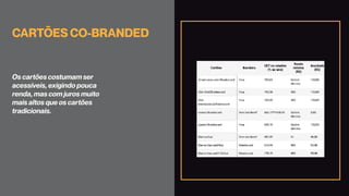 CARTÕES CO-BRANDED
Os cartões costumam ser
acessíveis, exigindo pouca
renda, mas com juros muito
mais altos que os cartões
tradicionais.
 
