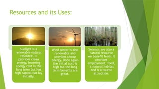 Resources and its Uses:
Sunlight is a
renewable natural
resource. It
provides clean
energy, lowering
energy cost in the
long term but has
high capital out lay
initially.
Wind power is also
renewable and
provides cheap
energy. Once again
the initial cost is
high but the long
term benefits are
great,
Swamps are also a
natural resource
we benefit from. It
provides
employment, food,
a natural habitat
and is a tourist
attraction.
 