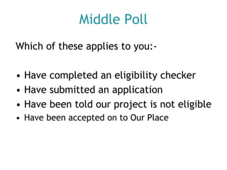 Middle Poll
Which of these applies to you:• Have completed an eligibility checker
• Have submitted an application
• Have been told our project is not eligible
• Have been accepted on to Our Place

 