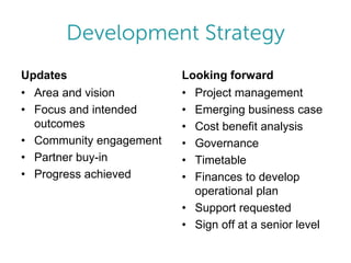 Updates
• Area and vision
• Focus and intended
outcomes
• Community engagement
• Partner buy-in
• Progress achieved

Looking forward
• Project management
• Emerging business case
• Cost benefit analysis
• Governance
• Timetable
• Finances to develop
operational plan
• Support requested
• Sign off at a senior level

 