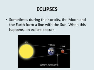 ECLIPSES
• Sometimes during their orbits, the Moon and
the Earth form a line with the Sun. When this
happens, an eclipse occurs.
 