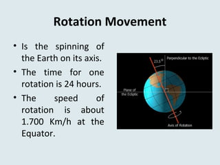 Rotation Movement
• Is the spinning of
the Earth on its axis.
• The time for one
rotation is 24 hours.
• The speed of
rotation is about
1.700 Km/h at the
Equator.
 
