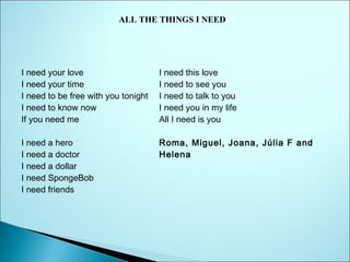 ALL THE THINGS I NEED
  

I need your love
I need your time
I need to be free with you tonight
I need to know now
If you need me

I need this love
I need to see you
I need to talk to you
I need you in my life
All I need is you

I need a hero
I need a doctor
I need a dollar
I need SpongeBob
I need friends

Roma, Miguel, Joana, Júlia F and
Helena

 