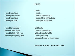I NEED

I need your love
I need your kisses
I need your love
I need you now

I need to wake up
and see your eyes,
I need to talk with you,
and laugh at your jokes.

I need…
I need...
I need to be with you
I can not live without you
I need you in my live.

and finally
I need to be with you
all the time of my life
I need your ring
because I want to marry you.

Gabriel, Aaron, Ana and Laia.

 