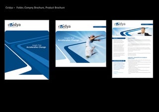 Cvidya - Folder, Compny Brochure, Product Brochure




                                                                                                                                                                          PRODUC T OVERVIEW
                                                                                                                                                                            PRODUC T OVERVIEW


                                                     COMPANY OVERVIEW




                                                                        Overview                                      Customer Centric
                                                                        cVidya Networks is a global leader            cVidya is committed to long-term partnership with its clients. The company maintains
                                                                        and innovative provider of Revenue            continuous dialogue with customers to understand their needs and deliver state of the art
                                                                        Intelligence solutions for Telecom, Media     solutions.
                                                                        andEntertainment service providers.


                                                                        cVidya’s product portfolio helps operators    quad-play, ISPs, MVNOs, Service/Retailoperators, Network/Wholesale operators, TV, Cable
                                                                        maximize their margins, improve their         and Media operators.
                                                                        customer experience and optimize
                                                                        ecosystem relationships through Revenue       Vidya’s client base includes tier-1 operators such as BT, the Telefonica Group, Vodafone
                                                                        Assurance, Fraud and Risk Management,         Germany, AT&T, Bell Canada, O2 UK, MTN South Africa, Swisscom, the Tele2 Group, Telenor,
                                                                        Dealer Management, Marketing Analytics        Qwest Communications, China Telecom, and the
                                                                        applications and Clearinghouse services.      Hutchison ‘3’ Group.


                                                                        cVidya solutions are provided within legacy   cVidya supports its customers in over 50 countries worldwide through a wide network of
                                                                        and new service environments, over all
                                                                        types of networks, Operations Support and     America, Latin America and Asia.
                                                                        Business Support Systems.

                                                                                                                      cVidya’s IRIS® (Integrated Revenue Intelligence
                                                                                                                      Solutions) Suite

                                                                        Customer Testimonial - BT                     and innovative solutions to the service operator:
                                                                        ”Through our stringent ITT selection          • MoneyMap® (Revenue Assurance)– Identify and reclaim revenue leakage by reconciling
                                                                        process, it became apparent that the cVidya     end to end Networks, OSS and BSS
                                                                                                                      • FraudView® (Fraud Management) – Identify next generation fraud and service abuse
                                                                        capabilities to streamline our Revenue          patterns and perform subscriber risk
                                                                        Assurance processes, and enabled our team     • management in real-time
                                                                        to react quickly to new requirements and      • DealerMap® (Dealer Management) – Manage dealers’ life cycle including operations
                                                                        make major contributions to BT’s goals in
                                                                        the short and long term”
                                                                                               .                      •
                                                                                                                      • BusinessView™ (Marketing Analytics) – Perform pricing analysis, evaluate services

                                                                        Head of BT’s revenue assurance centre         • EZtrust® (B2B Application) – A dispute management and settlement platform for B2B
                                                                        of excellence                                   partners
 