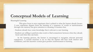 Conceptual Models of Learning
Meaningful Learning
This gives focus to new experience that is related to what the learner already knows.
A new experience departs from the learning of a sequence of words or memorization
through rote memory but gives attention to meaning. It assumes that:
- Students already have some knowledge that is relevant to new learning
- Students are willing to perform class work to find connections between what they already
know and what they can learn.
In the learning process, the learner is encouraged to recognize relevant personal
experiences. A reward structure is set so that the learner will have both interest and
confidence, and this incentive system gives positive reinforcement to learning.
 