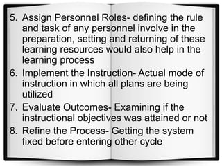5. Assign Personnel Roles- defining the rule
and task of any personnel involve in the
preparation, setting and returning of these
learning resources would also help in the
learning process
6. Implement the Instruction- Actual mode of
instruction in which all plans are being
utilized
7. Evaluate Outcomes- Examining if the
instructional objectives was attained or not
8. Refine the Process- Getting the system
fixed before entering other cycle
 