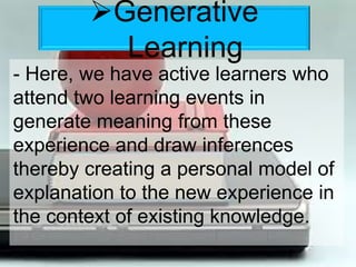  Generative Learning
- Here, we have active learners who
attend two learning events in
generate meaning from these
experience and draw inferences
thereby creating a personal model of
explanation to the new experience in
the context of existing knowledge.
Generative
Learning
 