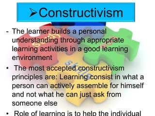  Constructivism
- The learner builds a personal
understanding through appropriate
learning activities in a good learning
environment
• The most accepted constructivism
principles are: Learning consist in what a
person can actively assemble for himself
and not what he can just ask from
someone else
Constructivism
 
