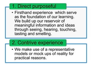 • Firsthand experience which serve
as the foundation of our learning.
We build up our reservoir of
meaningful information and ideas
through seeing, hearing, touching,
tasting and smelling.
1. Direct purposeful
• We make use of a representative
models or mock ups of reality for
practical reasons.
2. Contrive experience
 