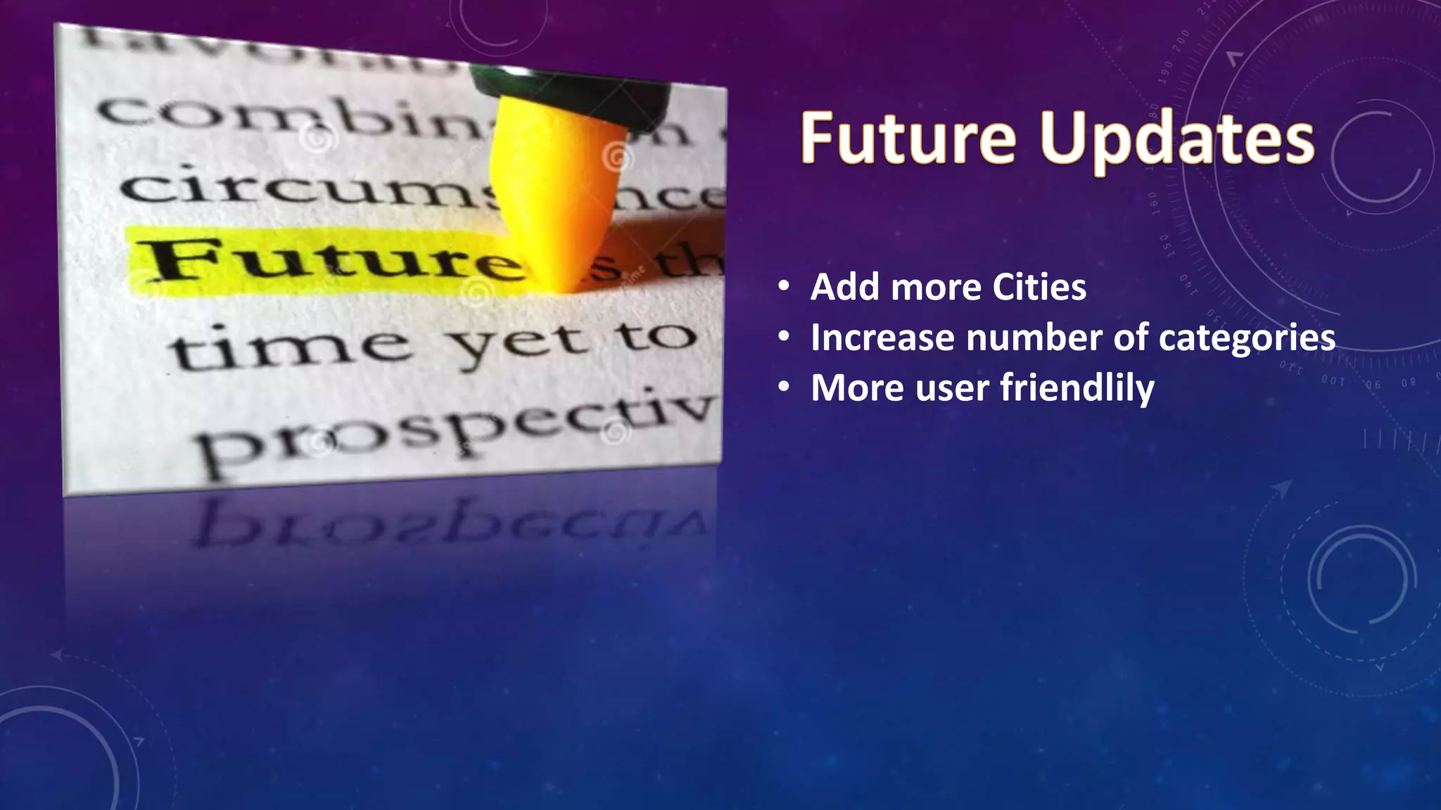 • Add more Cities
• Increase number of categories
• More user friendlily