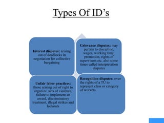 Types Of ID’s
Interest disputes: arising
out of deadlocks in
negotiation for collective
bargaining
Grievance disputes: may
pertain to discipline,
wages, working time,
promotion, rights of
supervisors etc. also some
times called interpretation
disputes
Unfair labor practices:
those arising out of right to
organize, acts of violence,
failure to implement an
award, discriminatory
treatment, illegal strikes and
lockouts
Recognition disputes: over
the rights of a TU to
represent class or category
of workers
 