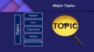 Major Topics
Topics Malware
Virus
Trojan Horses
Hacking
Password Cracking
 