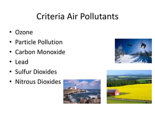 Criteria Air Pollutants
• Ozone
• Particle Pollution
• Carbon Monoxide
• Lead
• Sulfur Dioxides
• Nitrous Dioxides
 