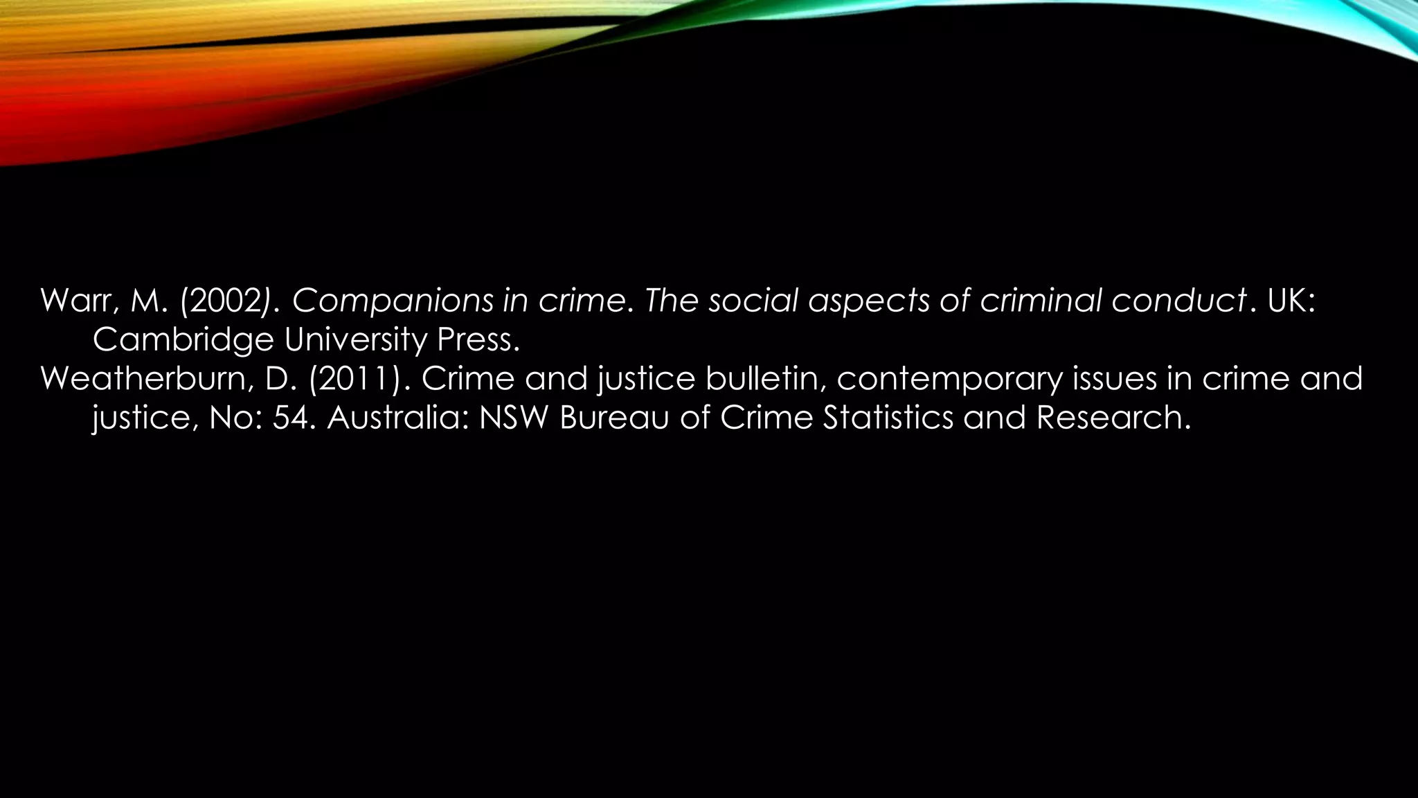 Warr, M. (2002). Companions in crime. The social aspects of criminal conduct. UK:
Cambridge University Press.
Weatherburn, D. (2011). Crime and justice bulletin, contemporary issues in crime and
justice, No: 54. Australia: NSW Bureau of Crime Statistics and Research.

 