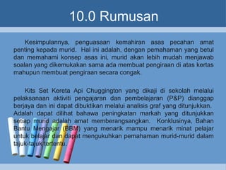 10.0 Rumusan
Kesimpulannya, penguasaan kemahiran asas pecahan amat
penting kepada murid. Hal ini adalah, dengan pemahaman yang betul
dan memahami konsep asas ini, murid akan lebih mudah menjawab
soalan yang dikemukakan sama ada membuat pengiraan di atas kertas
mahupun membuat pengiraan secara congak.
Kits Set Kereta Api Chuggington yang dikaji di sekolah melalui
pelaksanaan aktiviti pengajaran dan pembelajaran (P&P) dianggap
berjaya dan ini dapat dibuktikan melalui analisis graf yang ditunjukkan.
Adalah dapat dilihat bahawa peningkatan markah yang ditunjukkan
setiap murid adalah amat memberangsangkan. Konklusinya, Bahan
Bantu Mengajar (BBM) yang menarik mampu menarik minat pelajar
untuk belajar dan dapat mengukuhkan pemahaman murid-murid dalam
tajuk-tajuk tertentu.
 