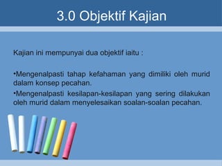 3.0 Objektif Kajian
Kajian ini mempunyai dua objektif iaitu :
•Mengenalpasti tahap kefahaman yang dimiliki oleh murid
dalam konsep pecahan.
•Mengenalpasti kesilapan-kesilapan yang sering dilakukan
oleh murid dalam menyelesaikan soalan-soalan pecahan.
 