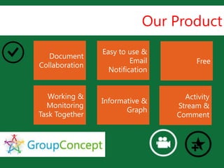 Our Product
                Easy to use &
   Document
                         Email         Free
Collaboration
                  Notification
                  L
   Working &                       Activity
                Informative &
  Monitoring                     Stream &
                       Graph
Task Together                    Comment
 